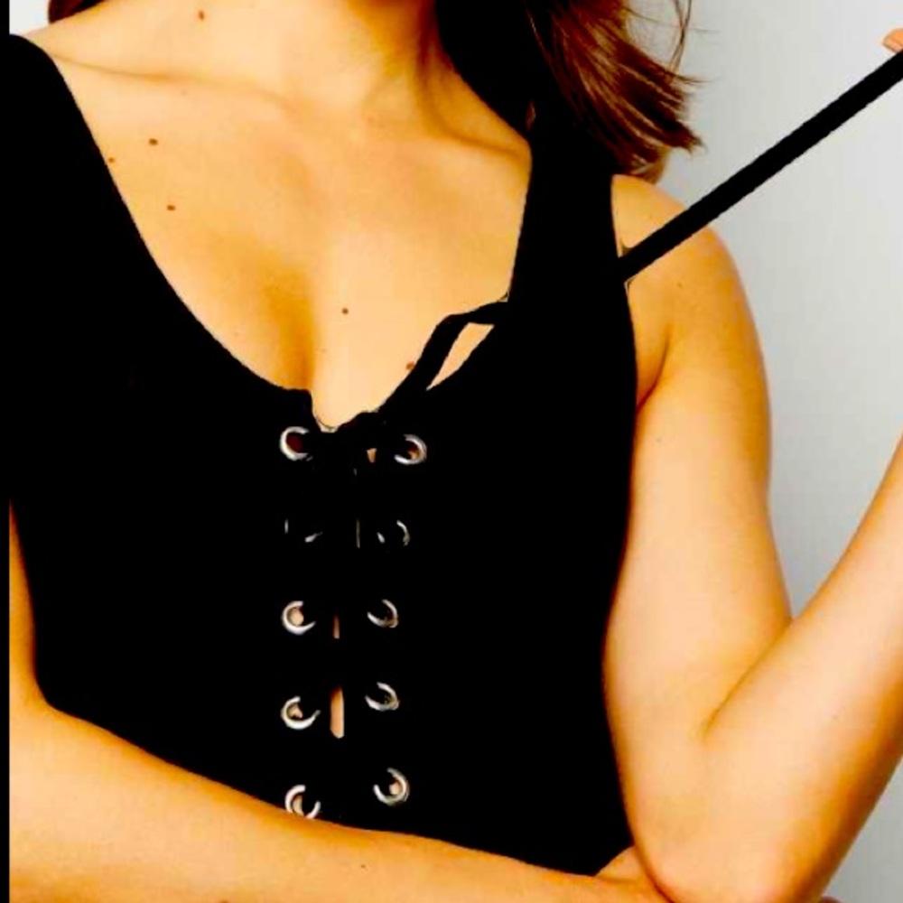 Topshop Black Lace Up Bodysuit Ribbed Snap Closure Petite Stretch Size 2 NWOT